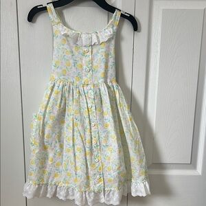 Lemon Print Kids Dress with Lace Trim